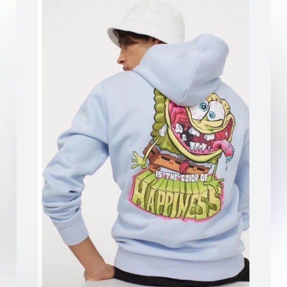 H&M Spongebob Men/Gender Neutral Pullover Hooded Sweatshirt in Dusty Baby Blue